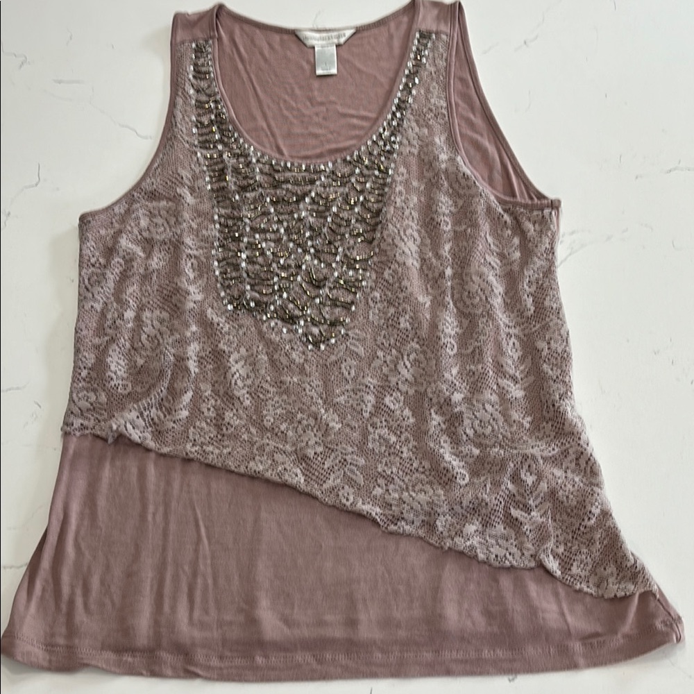 Christopher & Banks Women’s Beaded Tank Top Elegant Mauve Lace Overlay Top Large